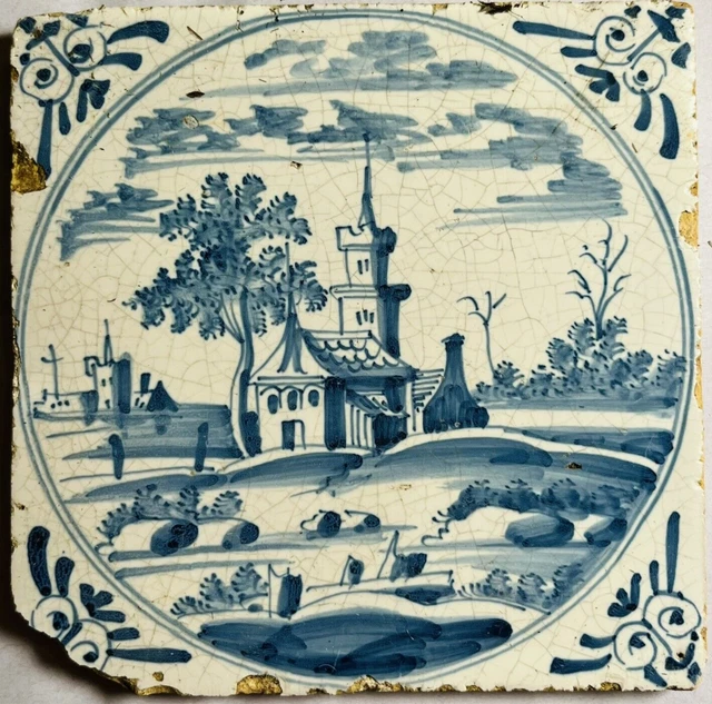 17th or 18th Century Dutch Blue and White Delft Tile - Church in a Landscape A3