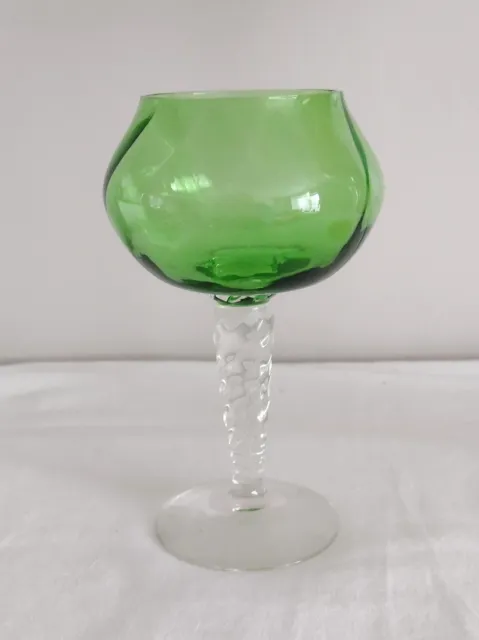Vintage Art Glass Goblet Vase Green Bowl & Clear Twisted Stem 17cmHigh See Below