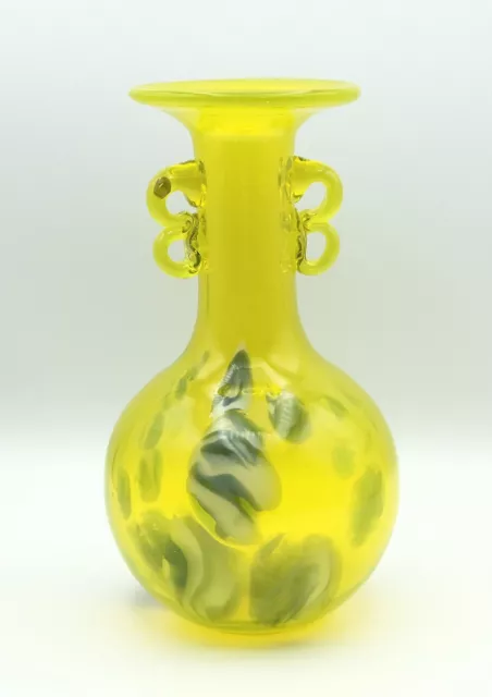 Vintage Yellow Hand Blown Art Glass Vase with 4 Applied Handles 9” Tall