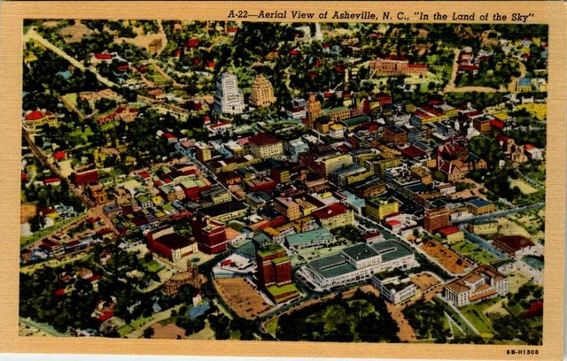 Linen Postcard Aerial View Asheville North Carolina NC UNP
