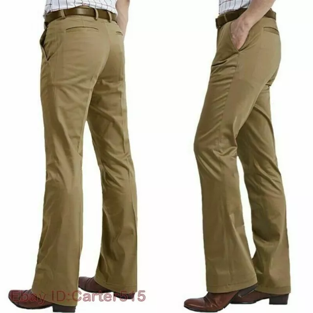 Retro Men Bell Bottom Pants 60s 70s Vintage Flare Formal Dress Trousers Slim Fit