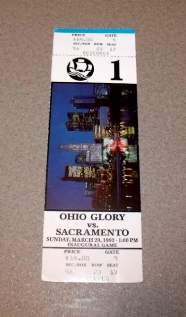 Ohio Glory WLAF 3/29/1992 Football Full Ticket Home Debut vs Sacramento Surge