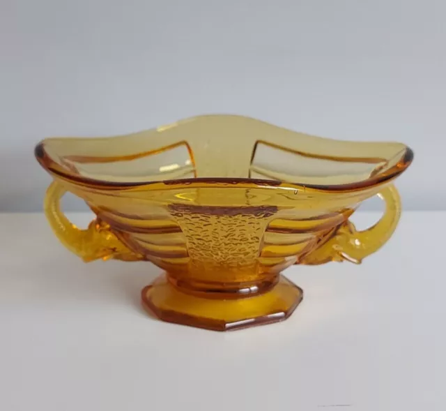 Vintage Sowerby Amber Glass Bowl Pressed Glass Art Deco Elephant Handles 