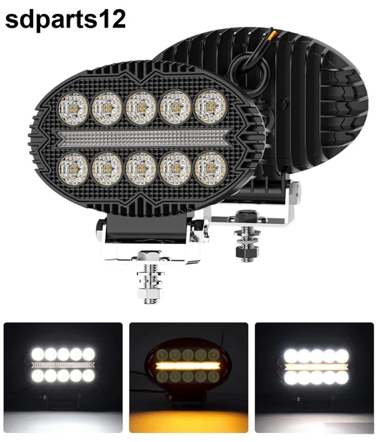 Lot De 2 Phares De Travail LED Ronds - 12V/24V - Blanc Et Orange - 1500 Lumens - Neuf