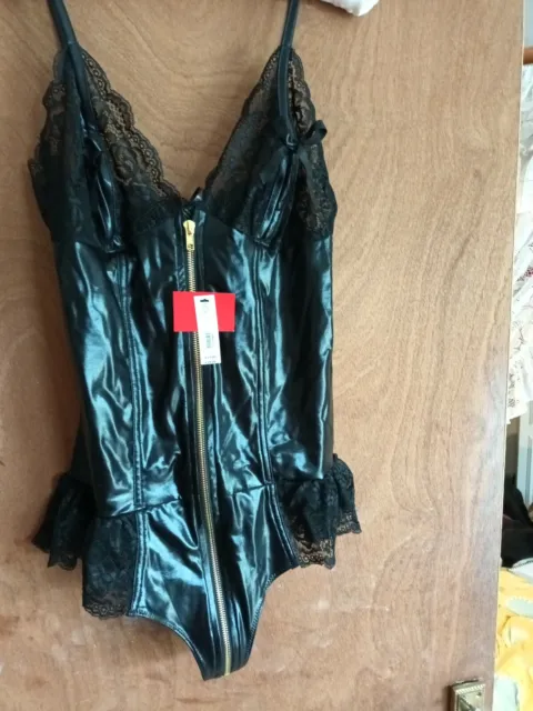 Ann Summers Tasha PU wetlook lacezip front bodysuit in black M 12/14  GREAT GIFT