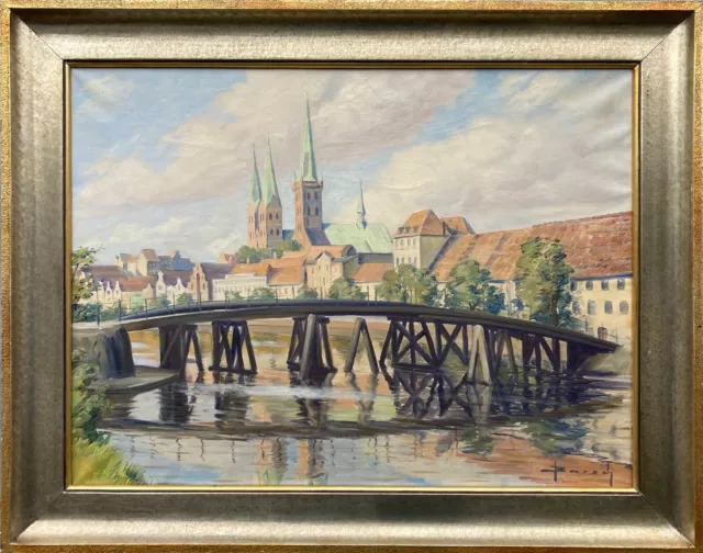 Ölbild Impressionist Stadtansicht Lübeck Malerwinkel Dankwartsbrücke Borsch sign