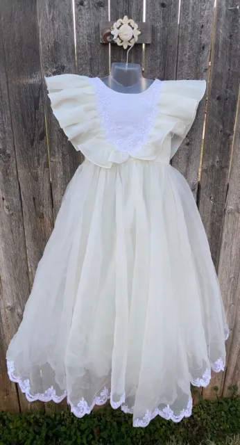 Vintage Bonny Flower Girls Dress With Tull, Embroidery & Ruffle Sleeves Size 4