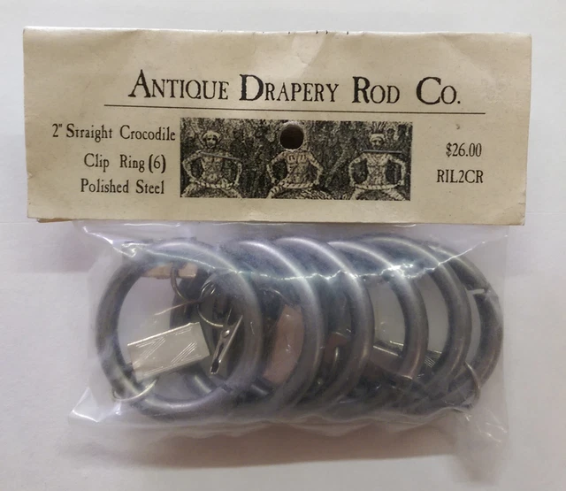 Antique Drapery Rod Set of (6) 2" Metal Drapery Rings w/ Clips. Polished Steel