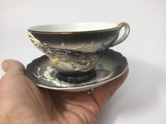 Vintage Moriage Dragon Tea Cup and Saucer Porcelain Black Gold Japan