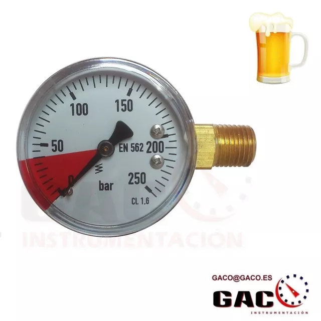 MANOMETRO DE PRESION 250 bar  PARA REGULADOR DE CO2 ROSCA 1/4" NPT  CERVEZA