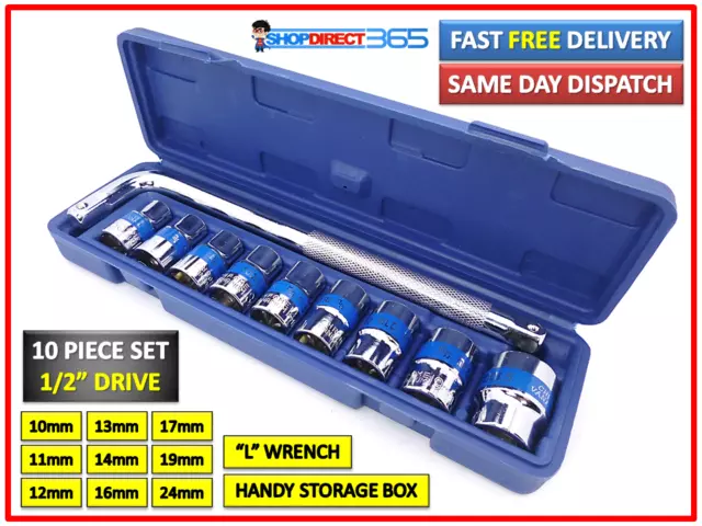 10pc 1/2" Drive Socket Set 10-24mm Metric Sockets "L" Wrench + Storage Box 23-26