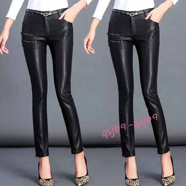 2023 Punk Fashion Womens Faux Leather Slim Skinny Pants Stretch Casual Trousers