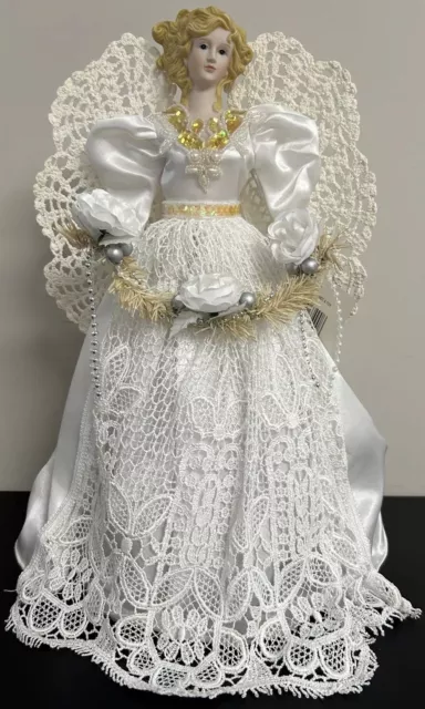 Porcelain 16 Inch Angel Tree Topper White Lace Dress Crocheted Wings NWT