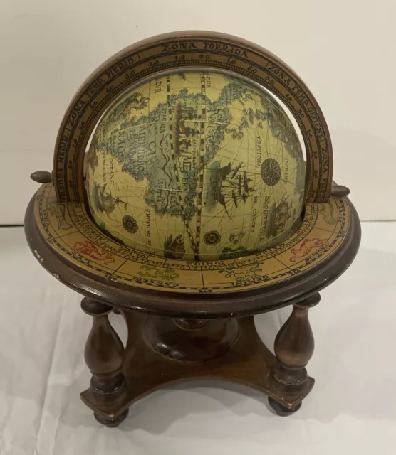 Vintage Old World Globe Wood Desktop Zodiac Astrology Zona Signs  Made in Italy