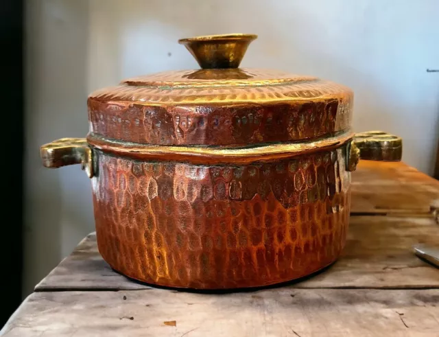 Fabulous Antique Lidded Copper Pan  - Hand Beaten