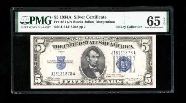 DBR 1934-A $5 Silver Gem Fr. 1651 JA Block PMG 65 EPQ Serial J15131878A