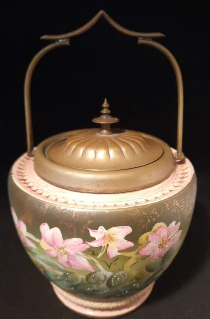 Antique 1895 William Wood and Co biscuit barrel cracker jar with lid and handle