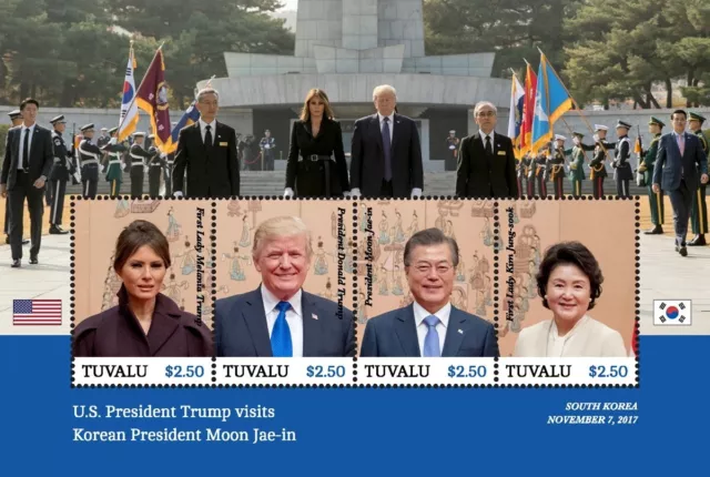 President DONALD TRUMP Visits SOUTH KOREA Moon Jae-in Stamp Sheet (2018 Tuvalu)