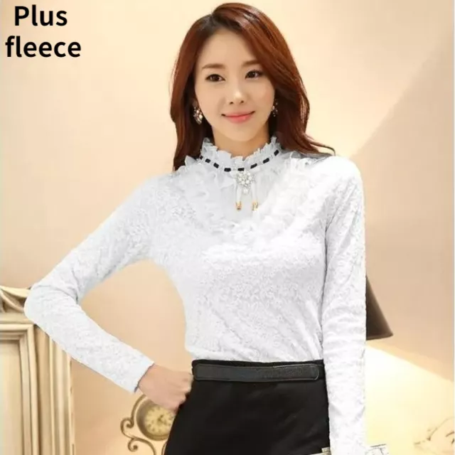 Lady Lace Frilly Ruffle Tops Shirt Blouse Mesh Floral Pullover Hollow Slim White