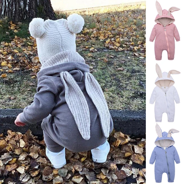 Bambino Grande Orecchie Bunny Cappuccio Zip Cotone Crawlsuit Tuta Neonati Carino