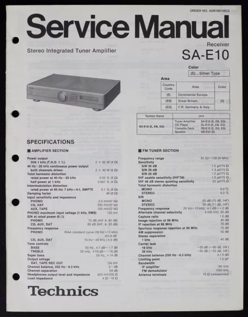 Original TECHNICS SA-E10 Tuner Amplifier Service Manual/Diagram/Parts List o216