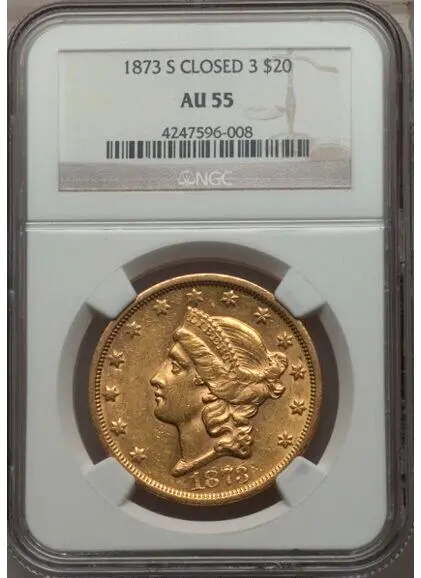 1873-S Closed 3 $20 Gold Double Eagle - NGC AU55