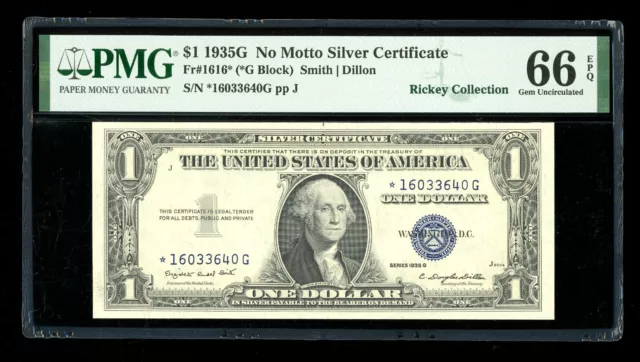 DBR $1 1935-G Silver STAR Gem Fr. 1616* No Motto PMG 66 EPQ Serial *16033640G