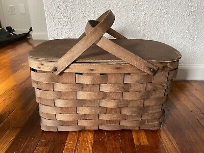 Vintage Large Wood Woven Picnic Basket Basketville Putney Vermont Double Handle