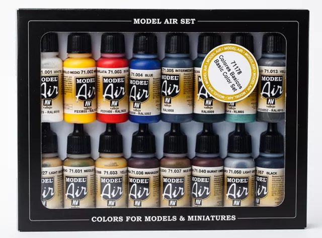 Vallejo Acrylic Model Air Colour Paint Set - Basic Colours (16 x 17ml)