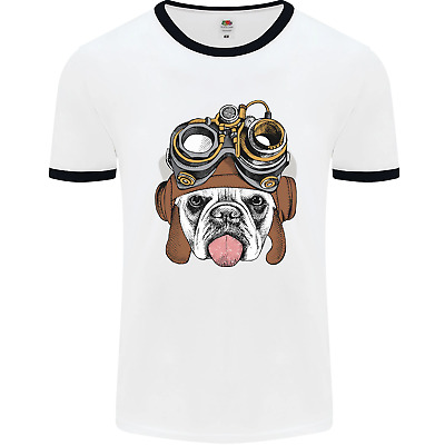 Steampunk Bulldog Mens White Ringer T-Shirt