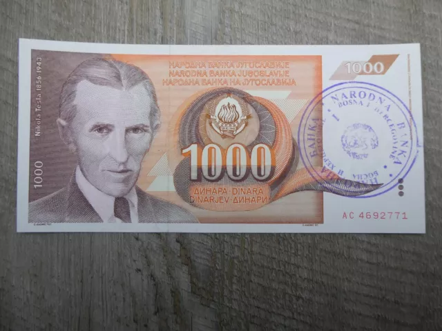 UNC JUGOSLAWIEN 1000 Dinara Banknote 1990 Überstempel Bosnien und Herzegowina