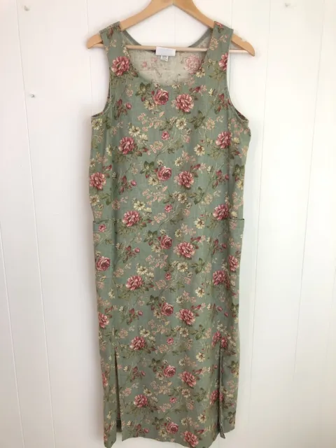 Vintage 90s Floral Sage Green Maxi Jumper Dress Womens Size Small Sleeveless