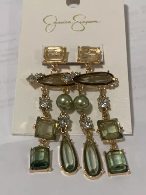 Jessica Simpson Pearl & Green Crystal Drop Chandelier earrings