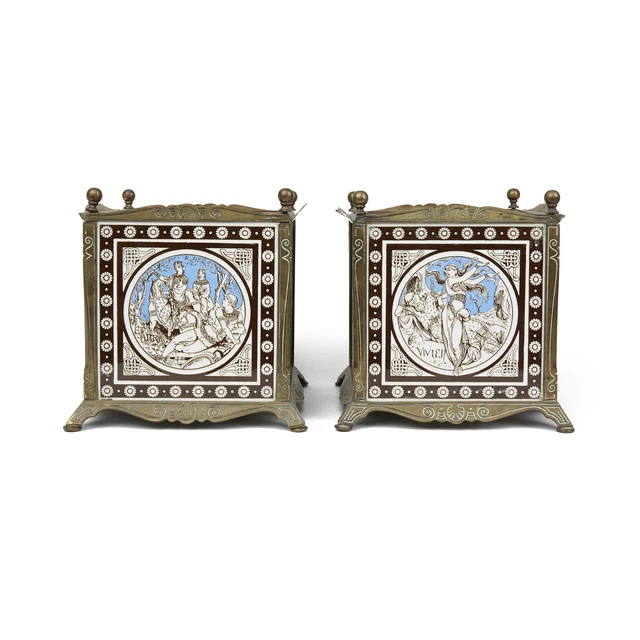 Pair Arts & Crafts Minton Moyr Smith Tile Planters C.1880 3