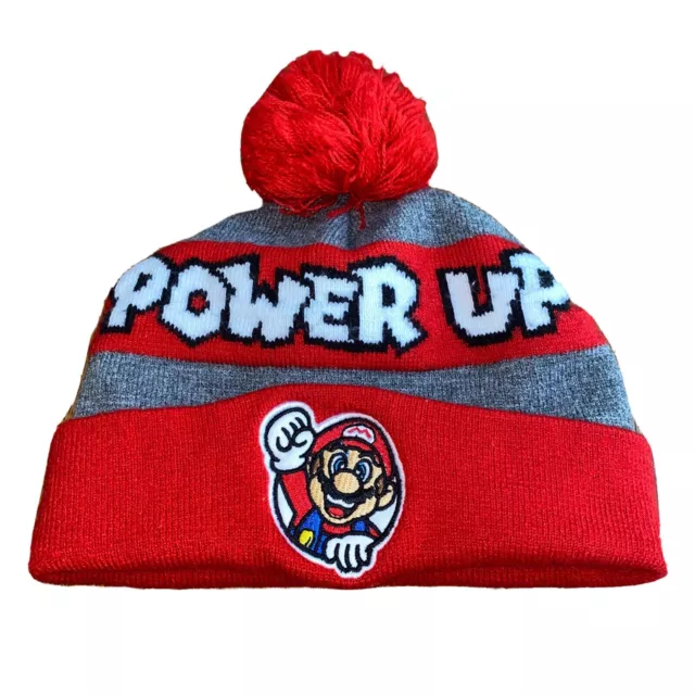 Super Mario Boys Pom Beanie Knit Cap - “Power Up” - Red/Gray - Stitched Logo