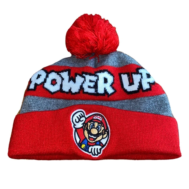 Super Mario Boys Pom Beanie Knit Cap - “Power Up” - Red/Gray - Stitched Logo