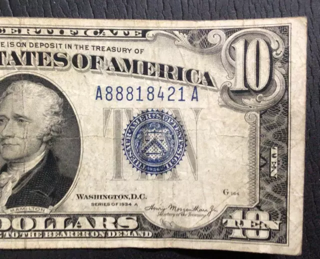 1934A $10 "Blue TEN" SILVER Certificate X8421 Rough Old US Paper Money Currency!