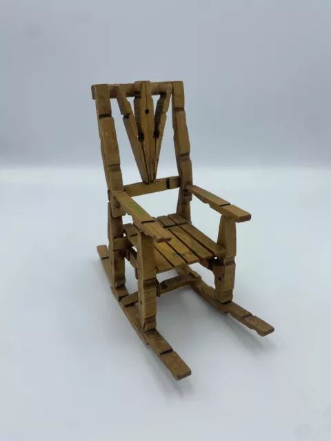 Vintage Tramp Art Wood 7” Rocking Chair Wooden Furniture Clothes Pins Folk art