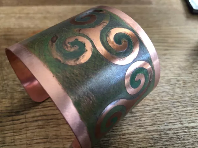 Celtic Bracelet Ancient Triskele Symbol Copper Green Etched Handmade 2" Cuff