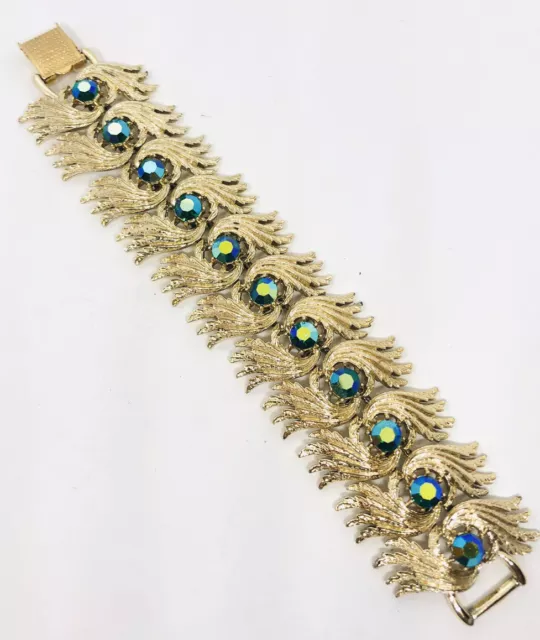 Coro Pegasus Wide Blue AB Rhinestone Bracelet Textured Signed Vintage Jewelry