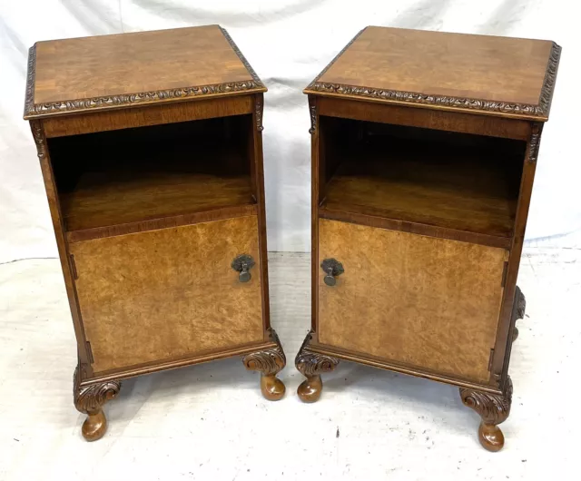 Pair Antique Burr Walnut Bedside Cabinets Bedsides Nightstands Queen Anne Style