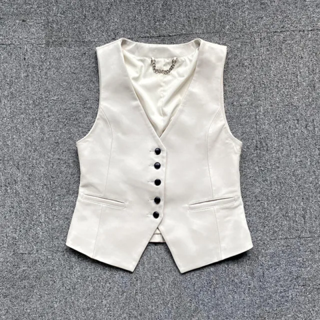 Women Genuine Leather Single Breasted Suit V-neckline Elegant Short Top Vest