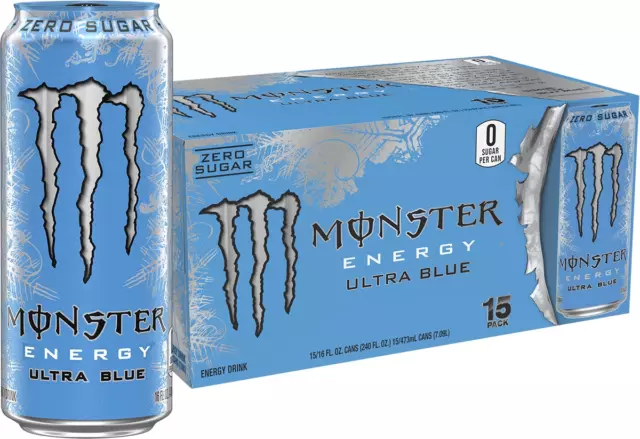 Monster Energy Ultra Blue, Sugar Free Energy Drink, 16 Ounce (Pack of 15)
