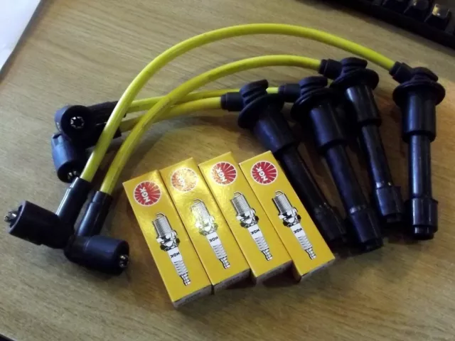 HT leads & NGK spark plugs set, 8mm yellow, Mazda MX5 mk1 NA 1.6 1.8, plug wires