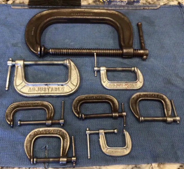 Vintage Adjustable Iron C Clamp Lot Of 8 Various Sizes