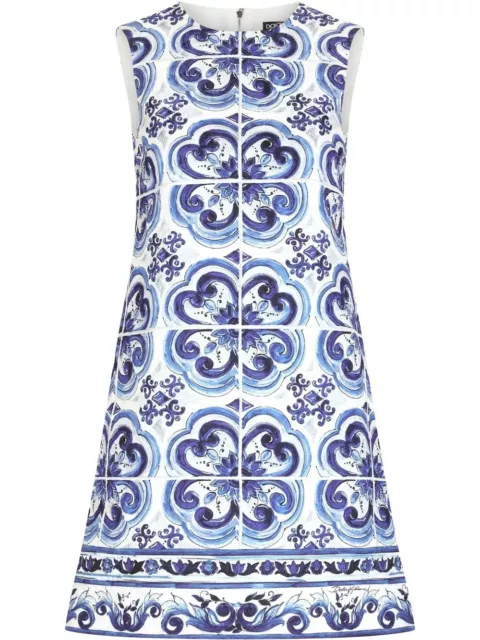 Dolce & Gabbana Blue White Floral Majolica-print shift mini dress  IT 42 / US 6