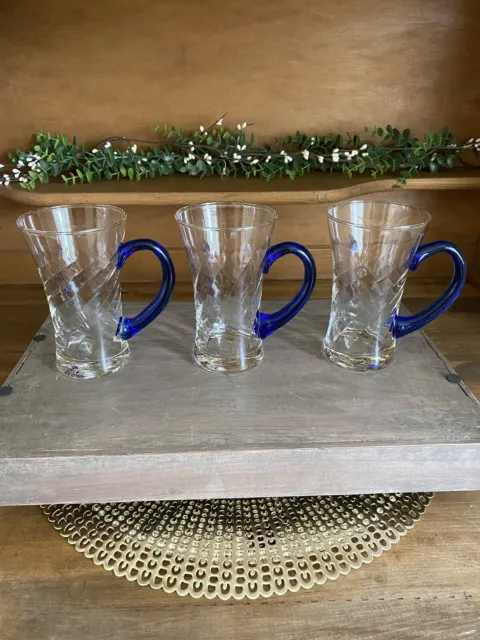 Set of 3 Vtg Clear Swirl Glass Irish Coffee Mugs/Cups Cobalt Blue Handle 5.5"