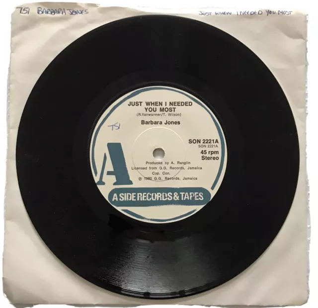 Barbara Jones-Just When I Needed You Most 1980 7”single In Original Paper Sleeve