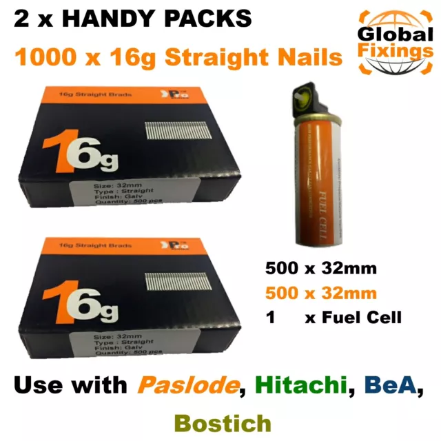 2 x Handy Packs 32mm+32mm 1000 16g STRAIGHT & 1 x Fuel Cell for Paslode IM65/250