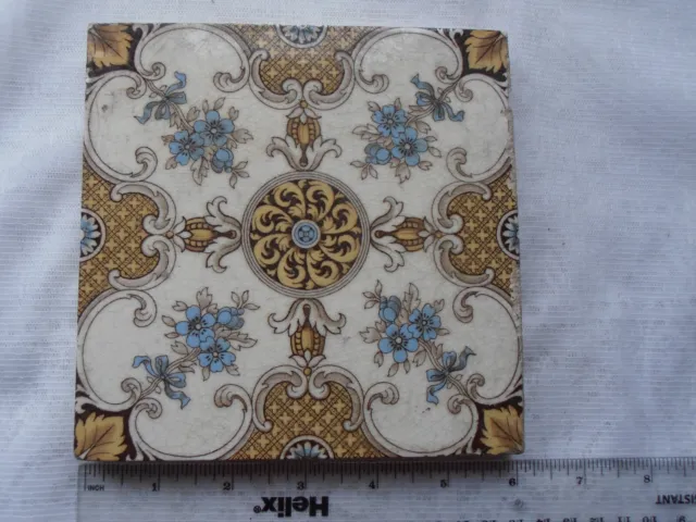 MINTONS thick Victorian/Edwardian Blue Floral brown Geometric patterned tile 6"